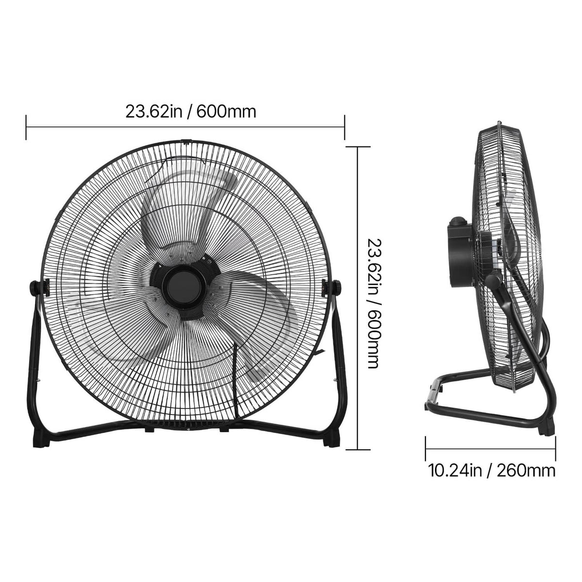 Black floor fan with wire grille and tilt stand, shown from the side