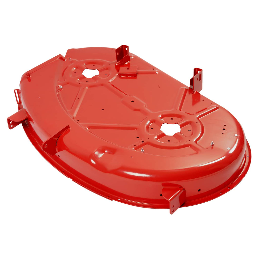 Red mower deck underside with central plates, mounting tabs, and bolt holes
