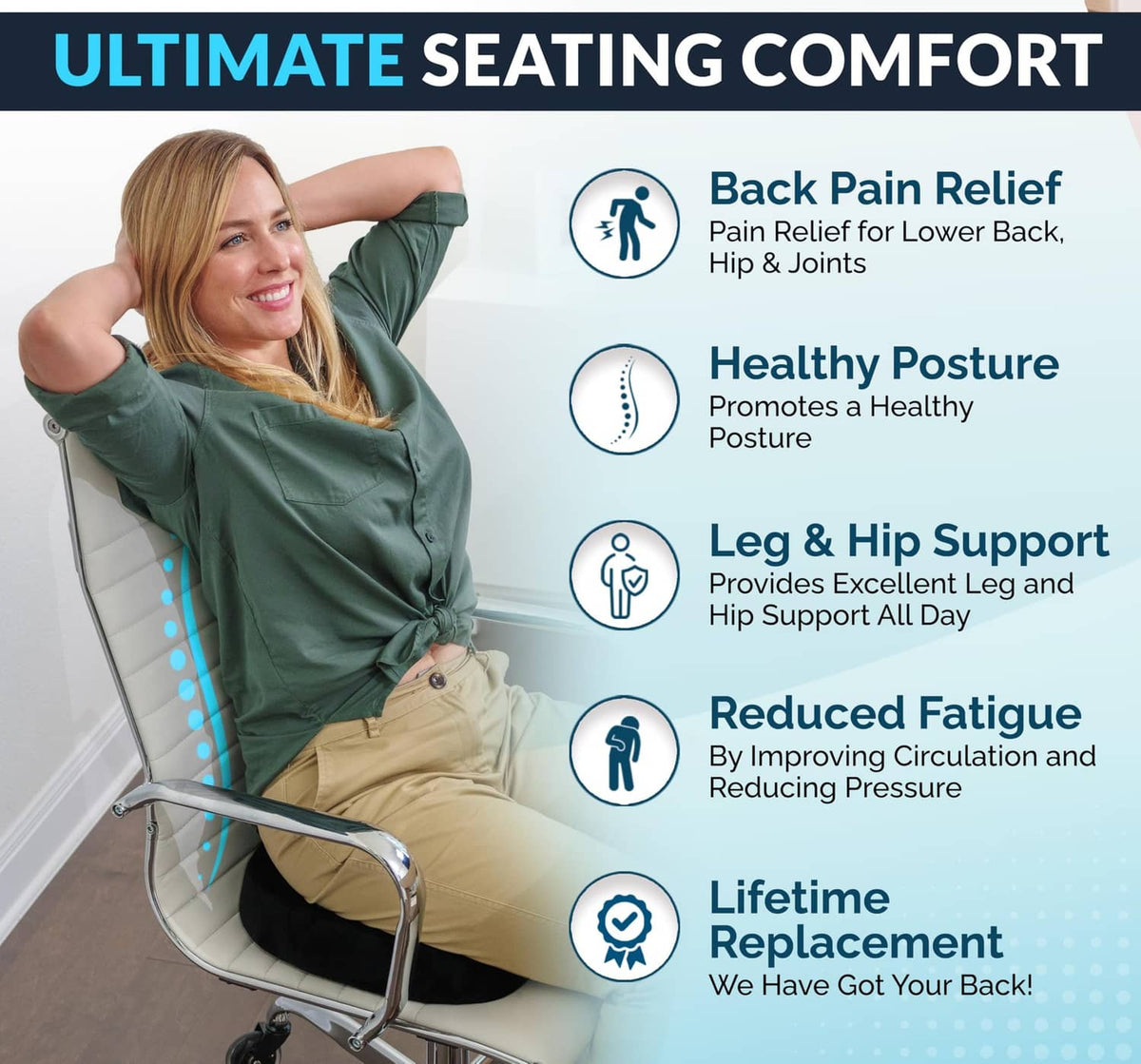 Black contoured seat cushion for lower back, shown supporting a seated chair