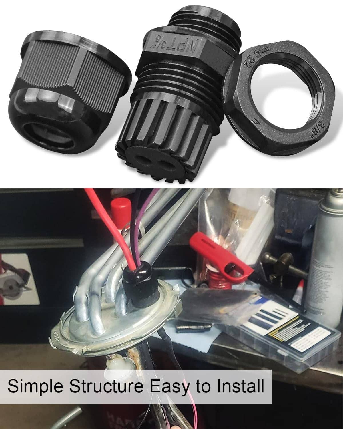 Black bulkhead fitting components with threaded ends and ridged outer grip
