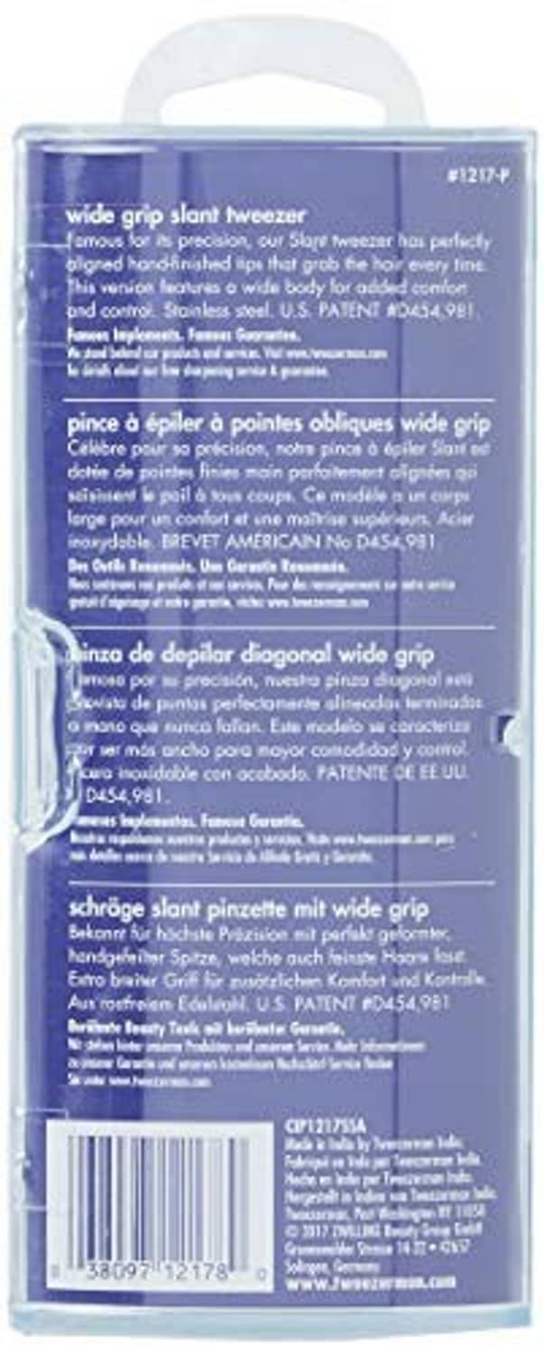 Back view of Tweezerman Professional wide grip slant tweezer blister pack with text