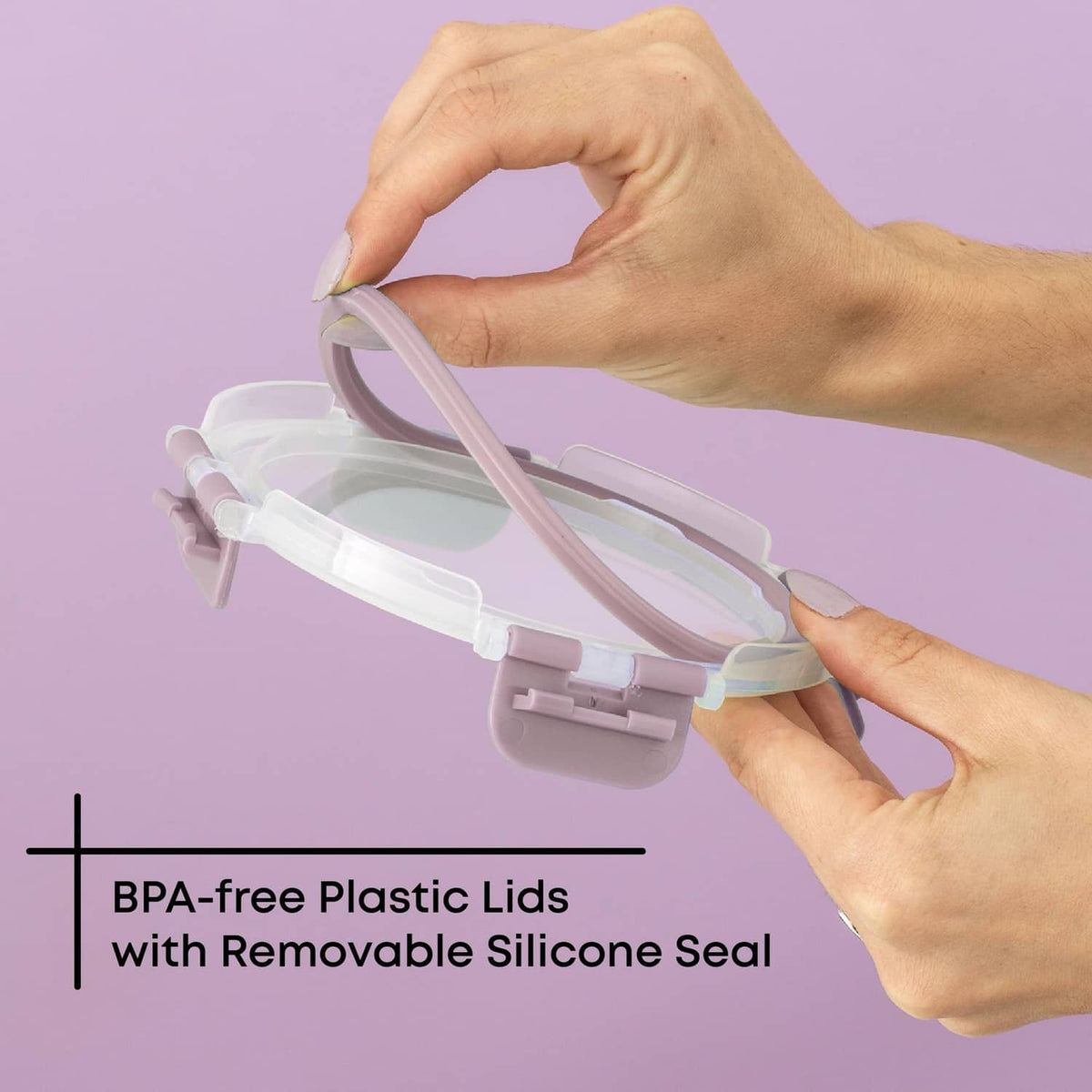 BPA-free plastic lids with removable silicone seal for borosilicate glass containers