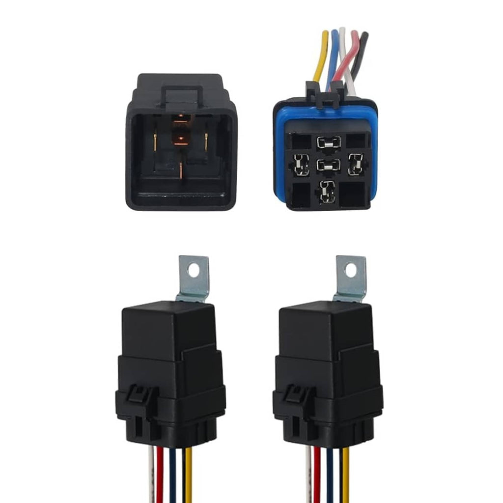 Two black relay sockets with colored wire terminals and metal mounting brackets