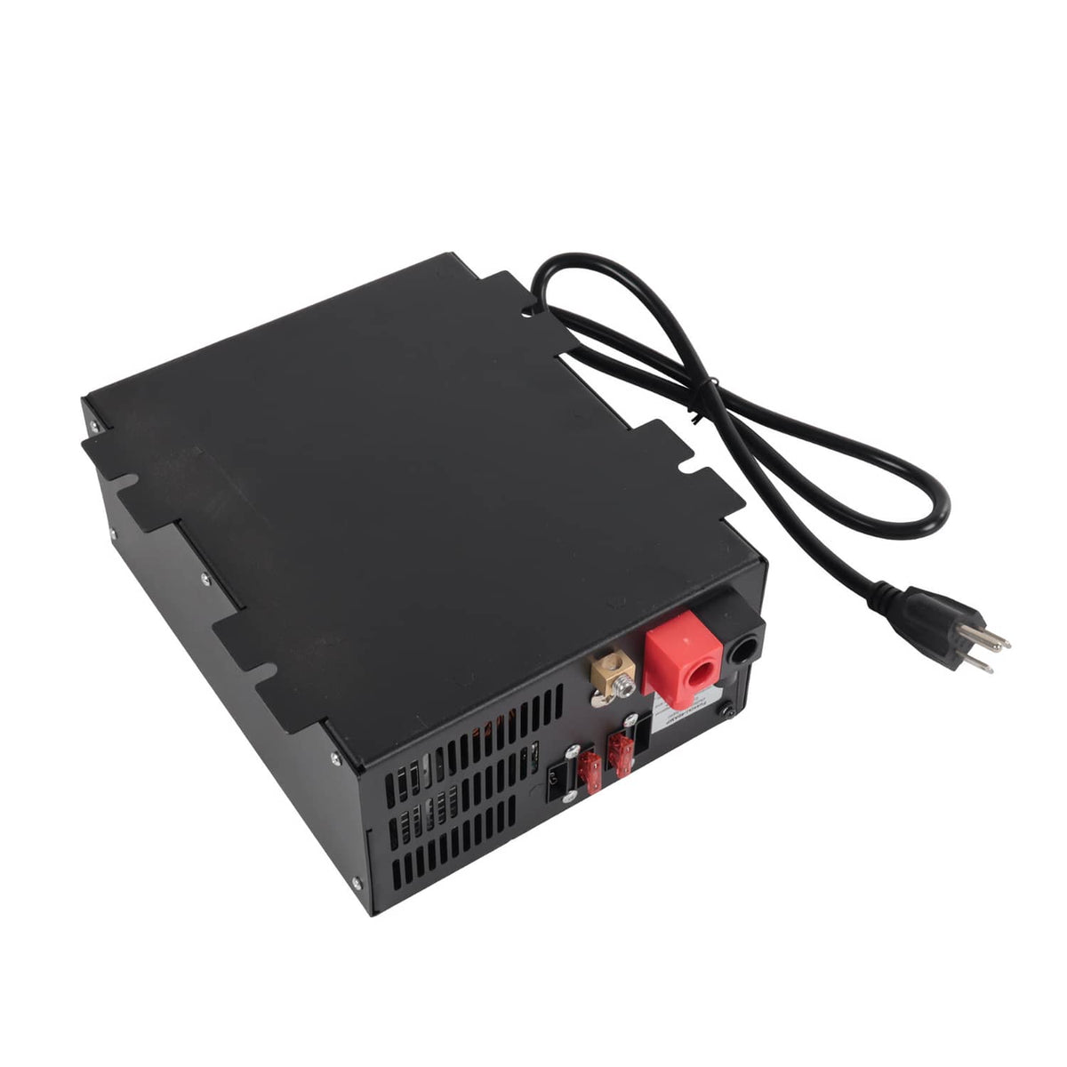 Black RV power converter with red power connector and attached black cable