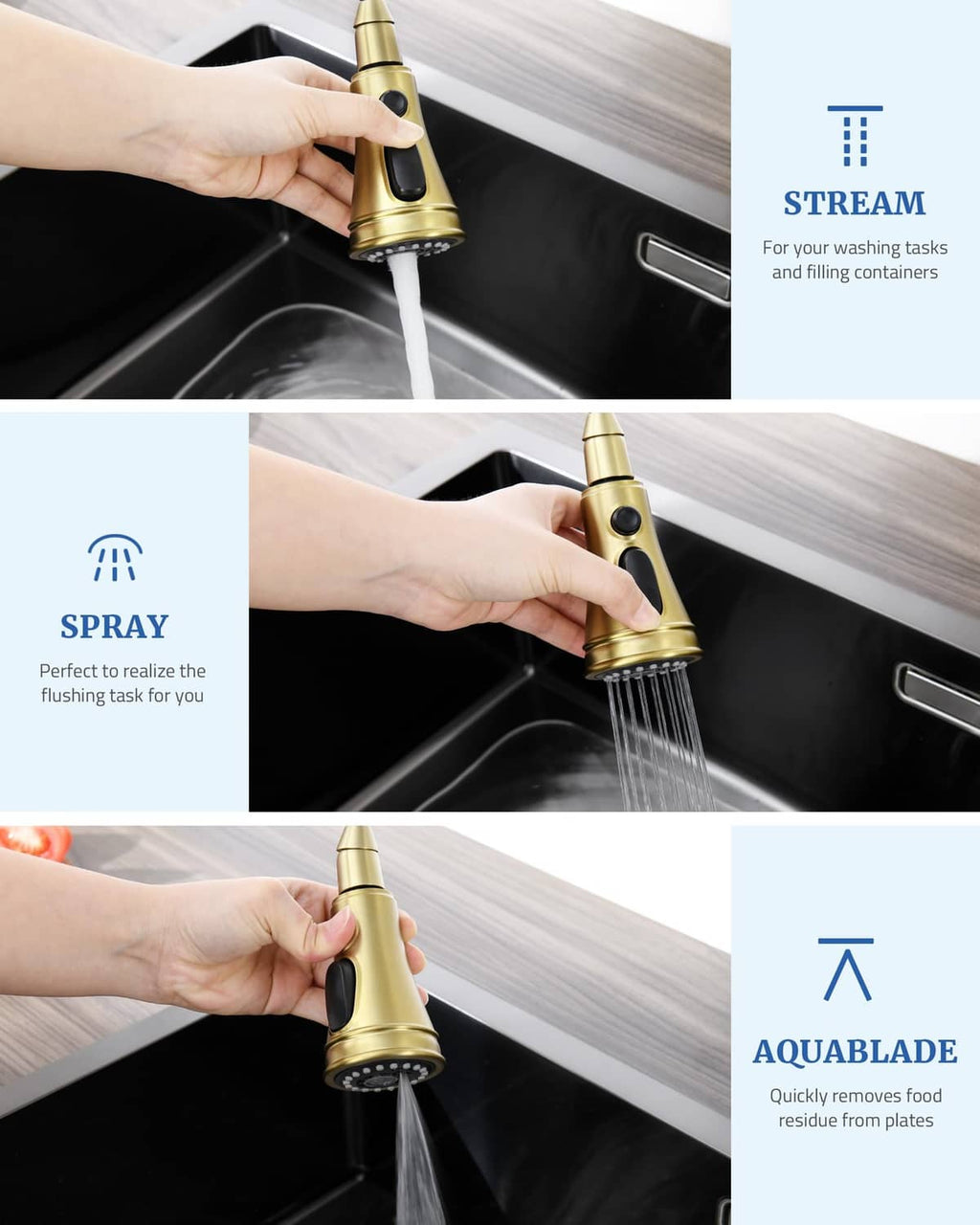Brushed gold pull-down kitchen faucet sprayer head delivering a water stream