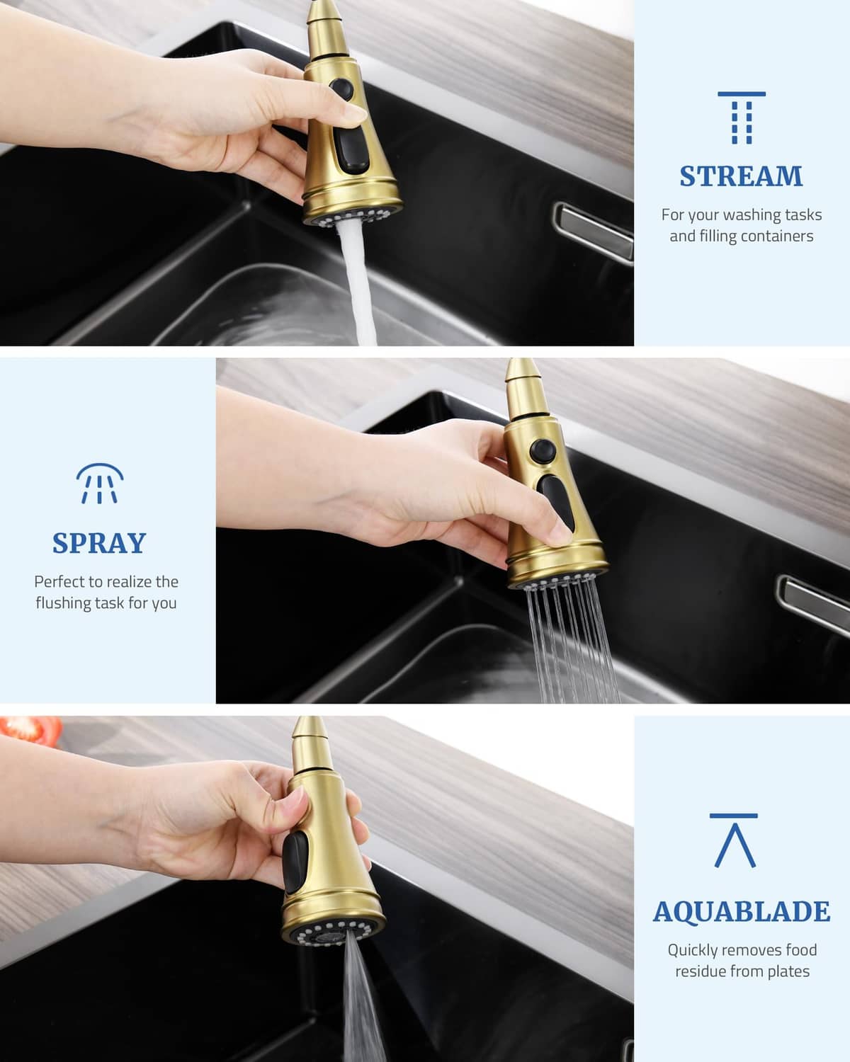Brushed gold pull-down kitchen faucet sprayer head delivering a water stream
