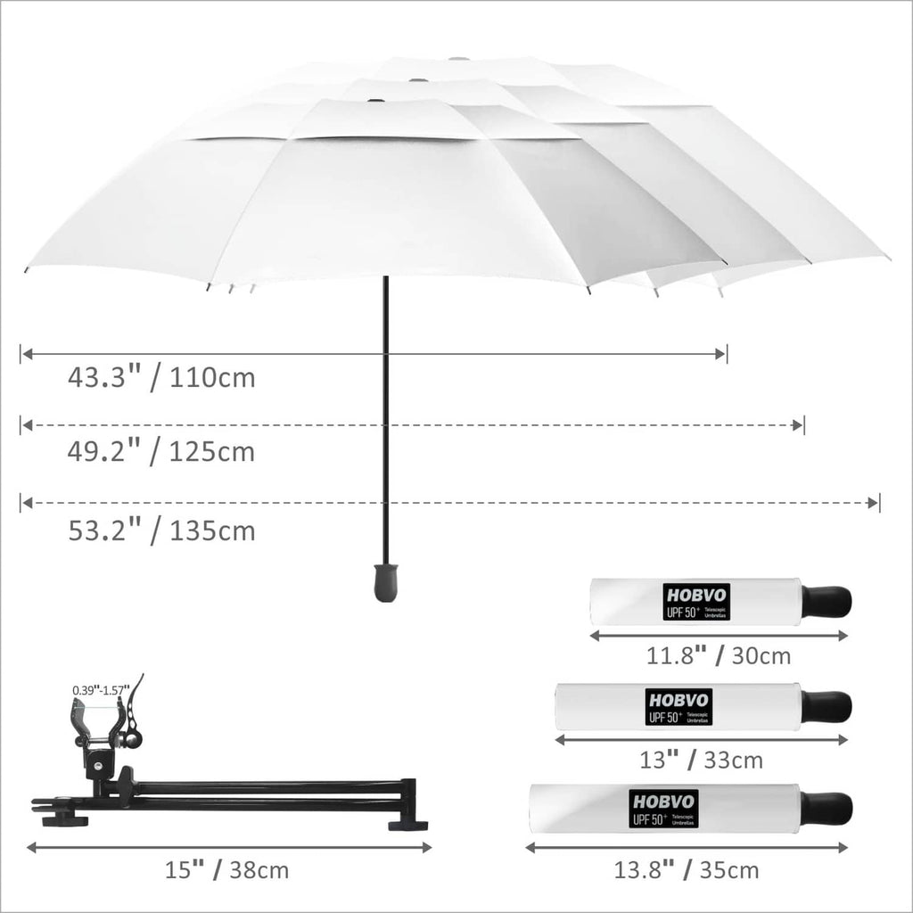 White and dark golf umbrella shown with size measurements and accessory clamp.