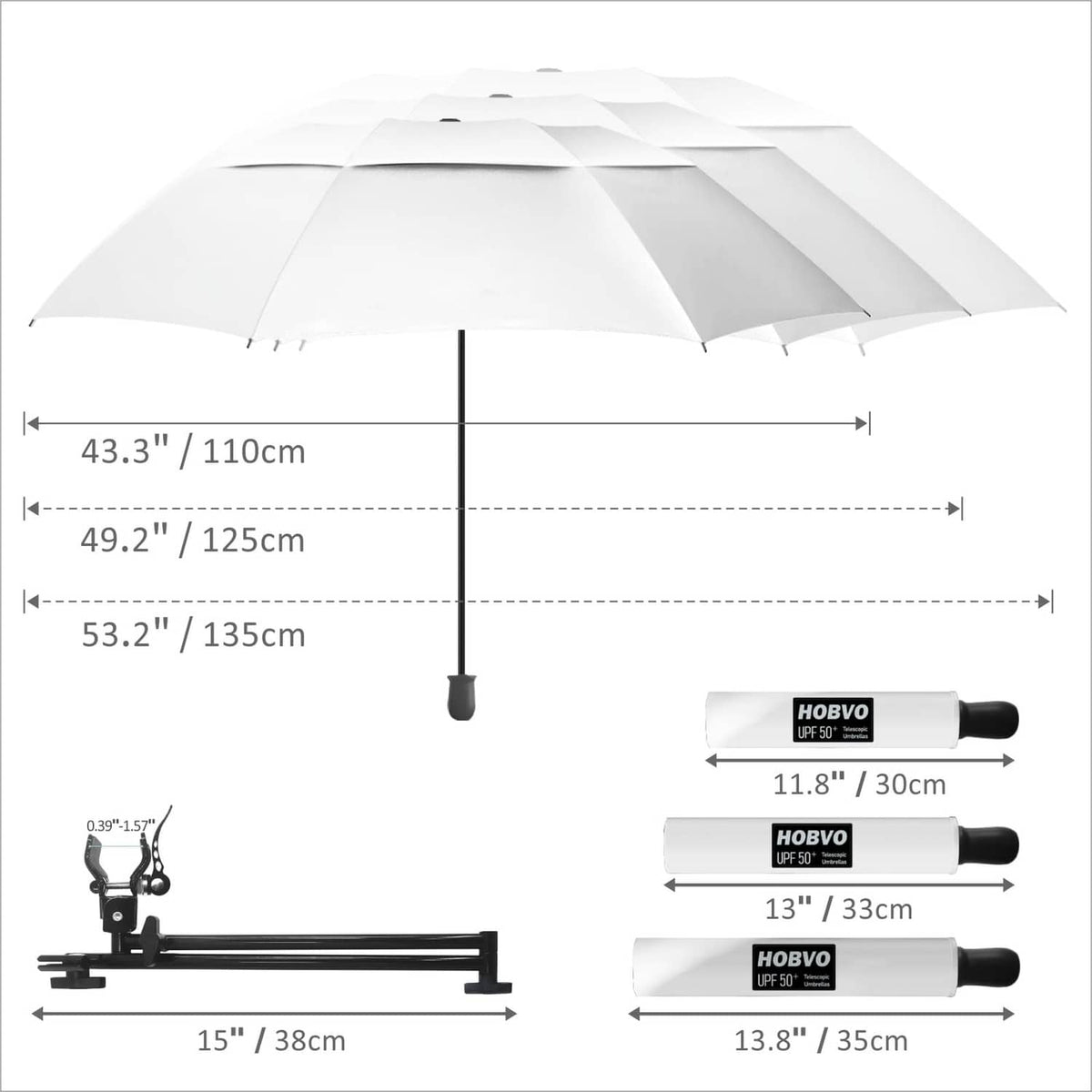 White and dark golf umbrella shown with size measurements and accessory clamp.