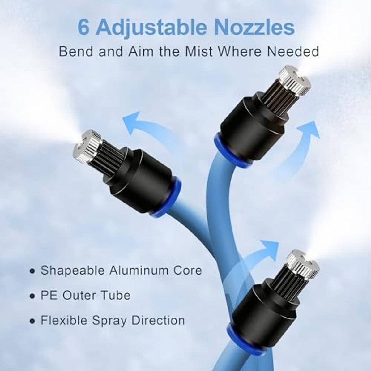 Set of adjustable mist nozzles with blue tubing and black nozzle caps
