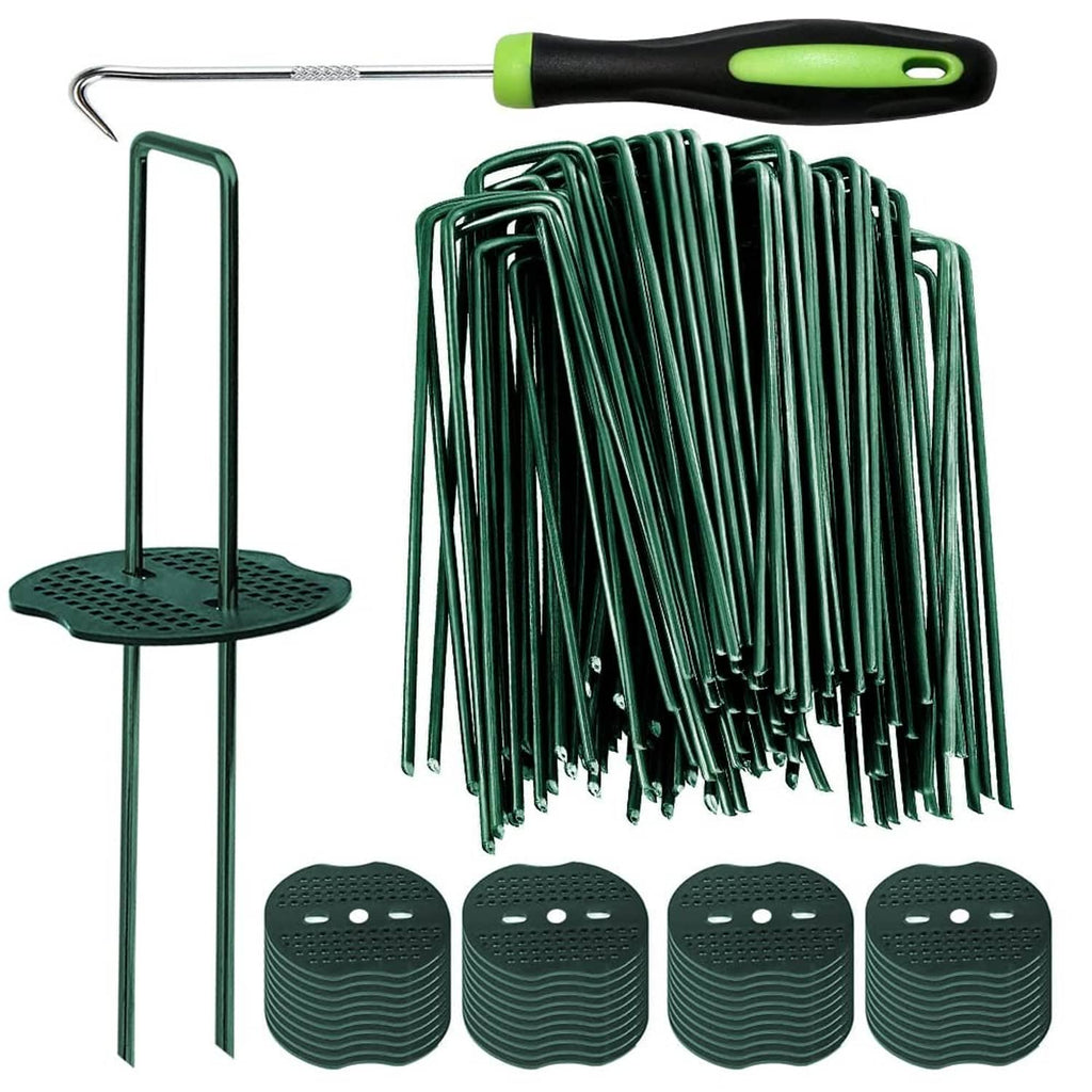 Green U-shaped turf staple stakes with perforated washer heads and bundled pins