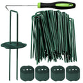 Green U-shaped turf staple stakes with perforated washer heads and bundled pins