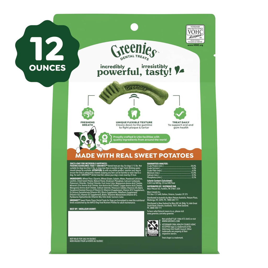 Greenies dog dental treat bag back panel, 12 ounces