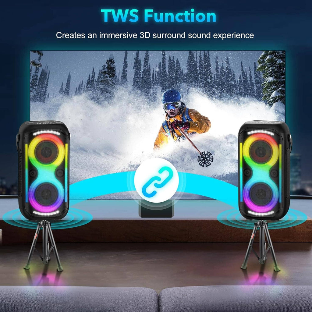 Two portable Bluetooth speakers with RGB light rings on stands, black housings