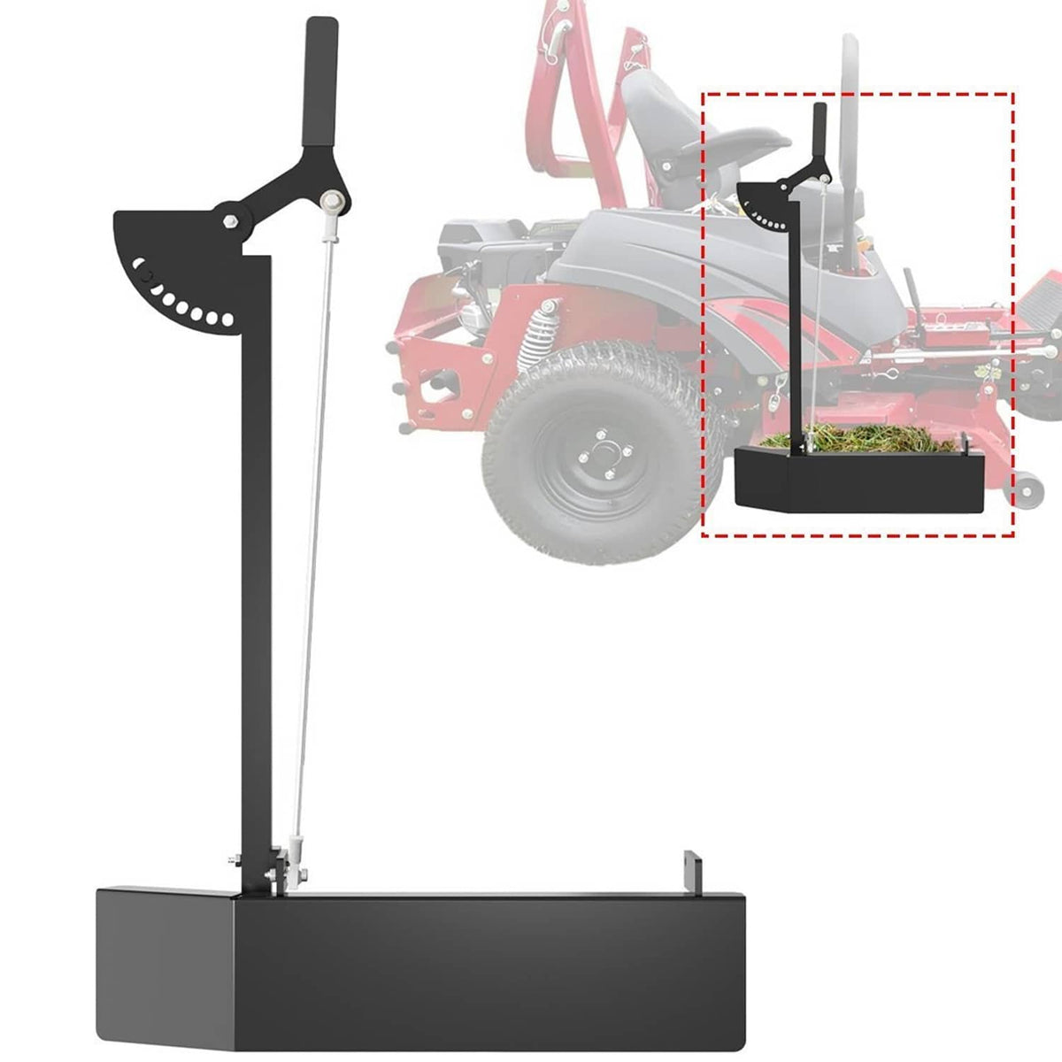 Black steel chute blocker attachment isolated view with support rod and base