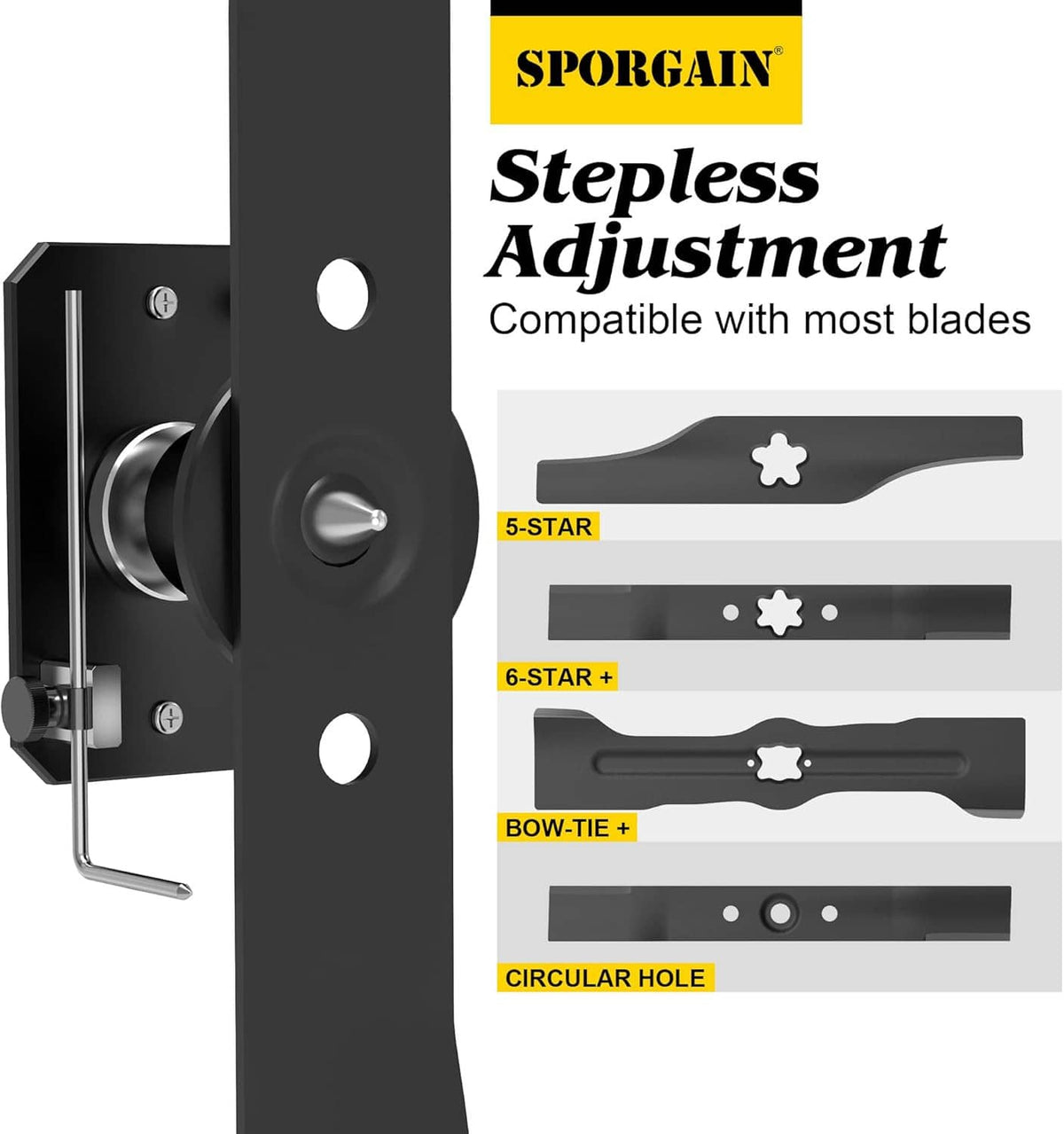 Lawn mower blade sharpener and balancer tool close-up of adjustable mount