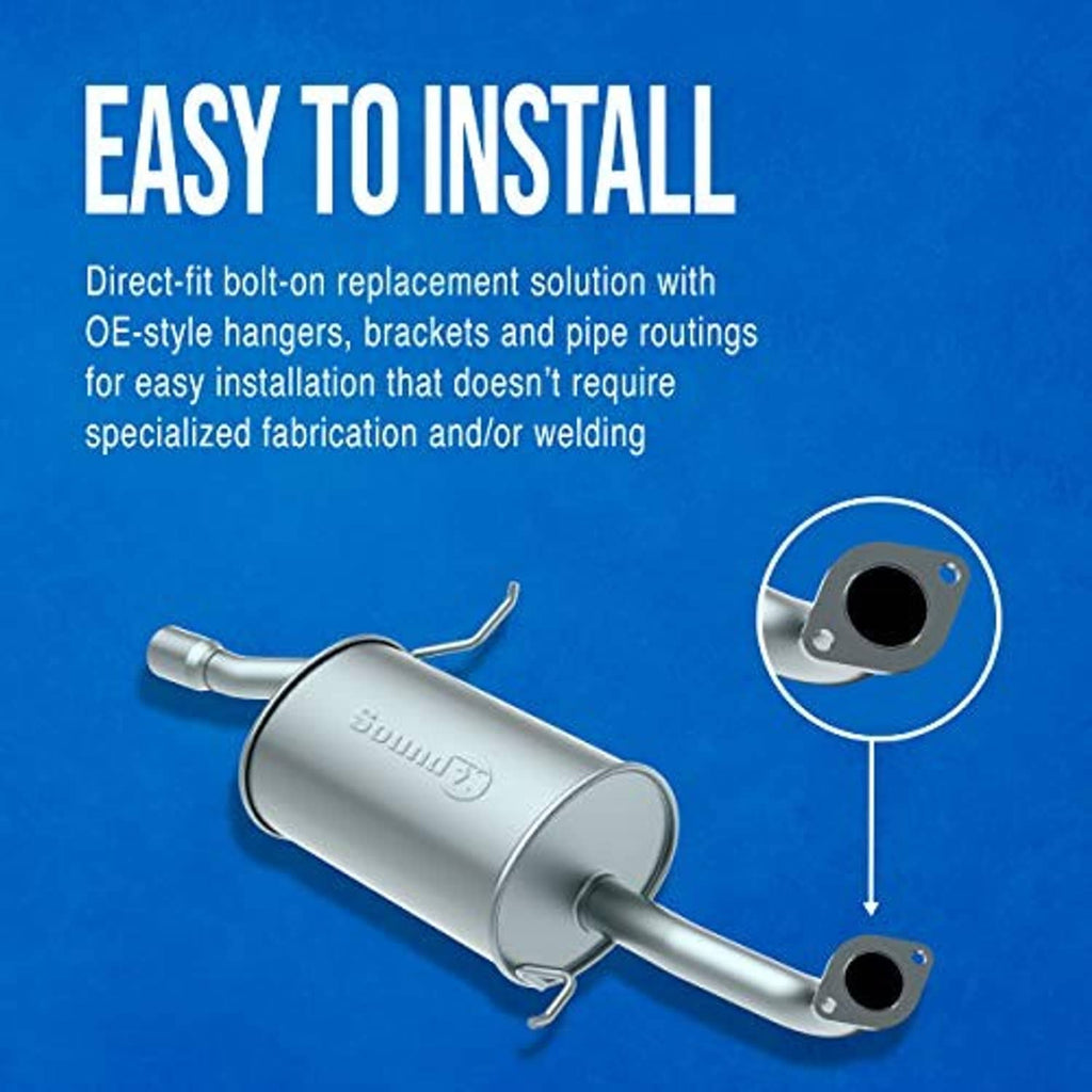 Direct-fit exhaust muffler assembly with hanger brackets and outlet flange