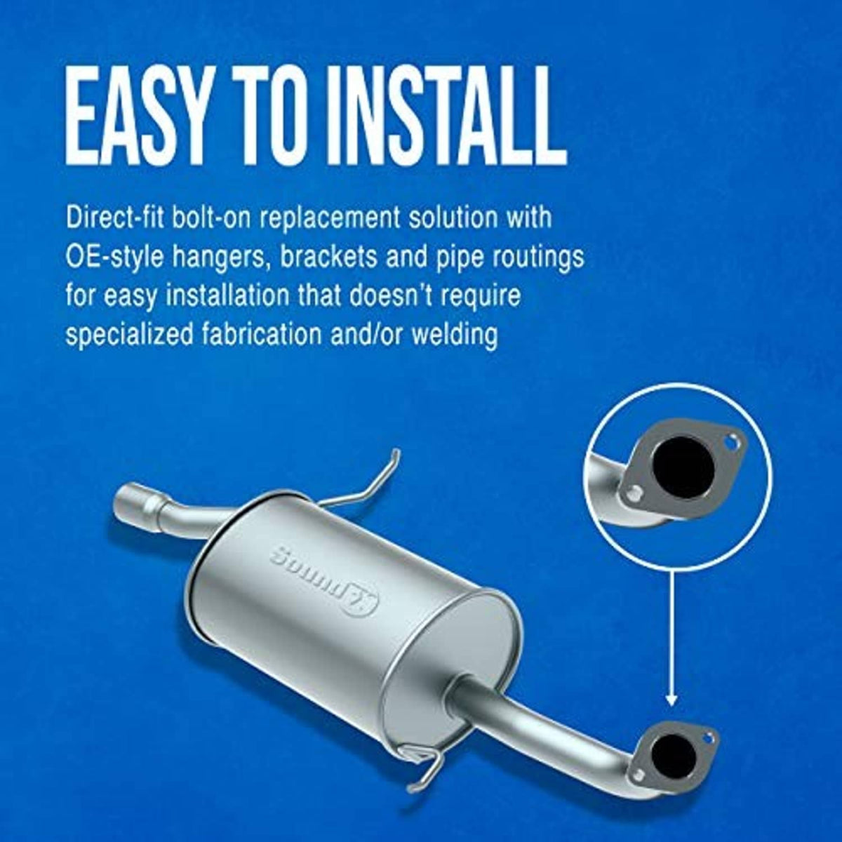 Direct-fit exhaust muffler assembly with hanger brackets and outlet flange
