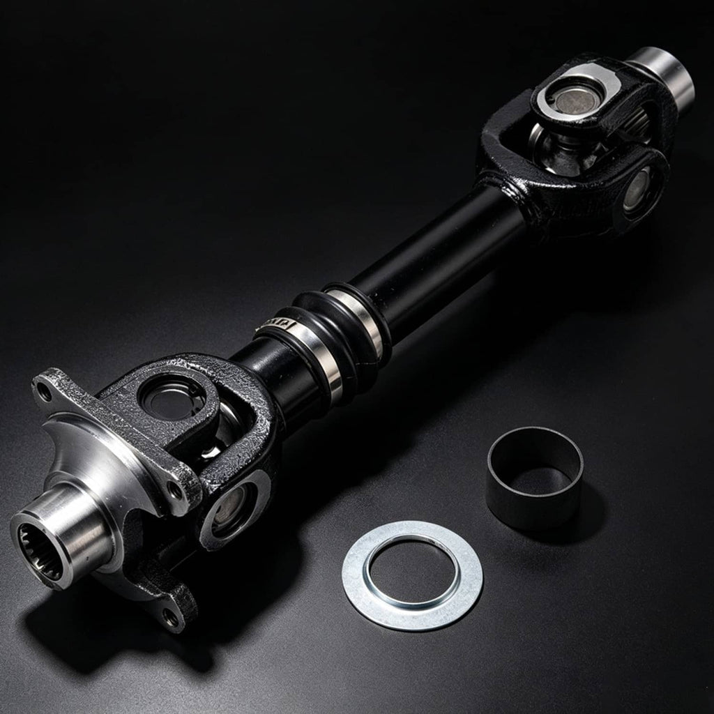 Rear propeller drive shaft with flange joint, black housing, and washer
