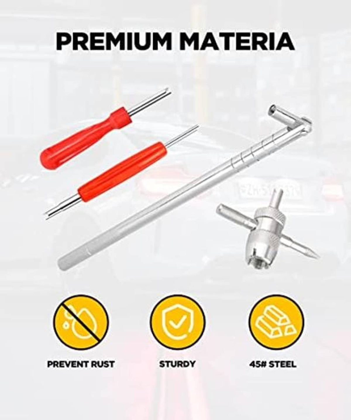 Valve stem tool set with red-handled drivers, long metal rod, and puller head