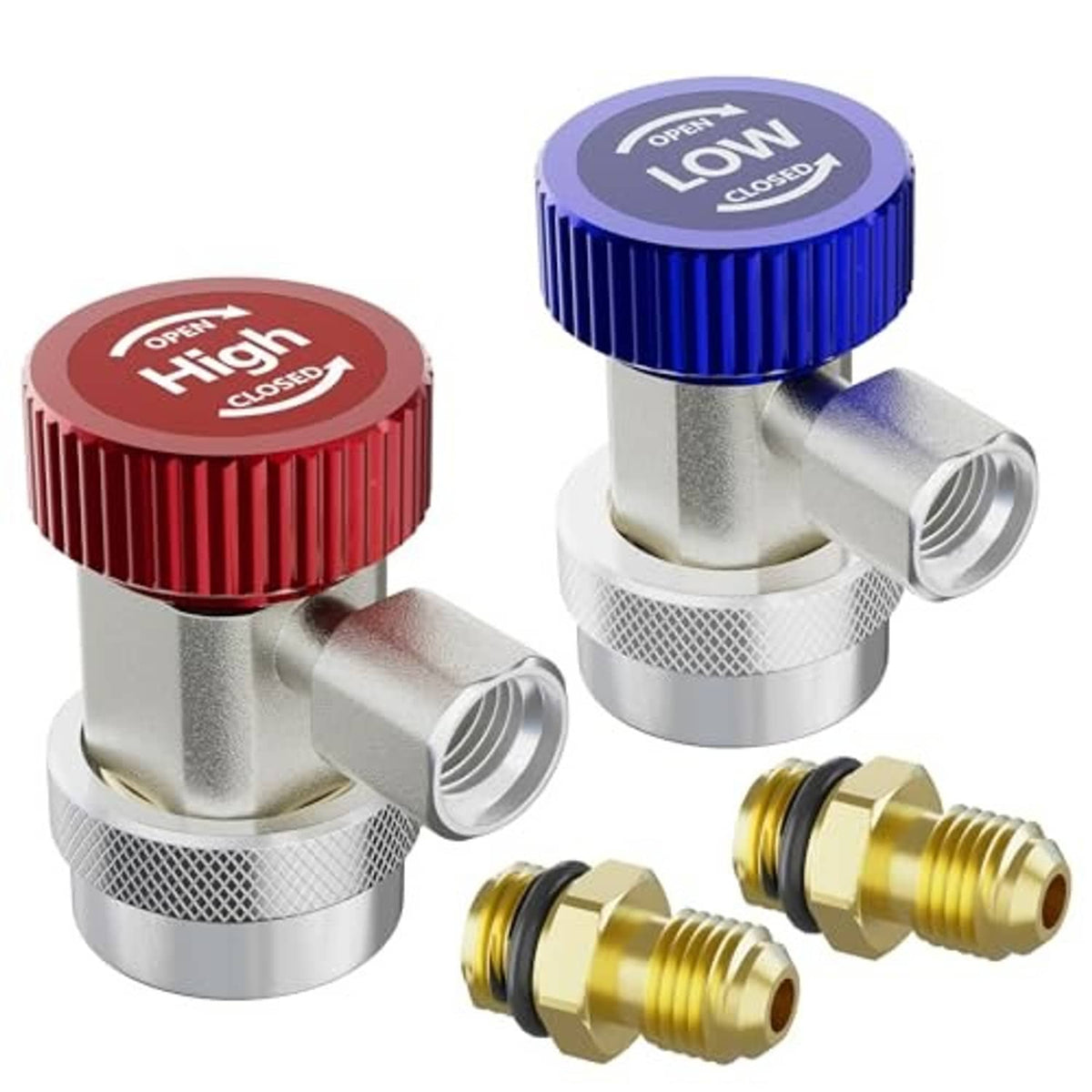 R134a quick coupler adapter set with blue and red top knobs, brass and silver fittings