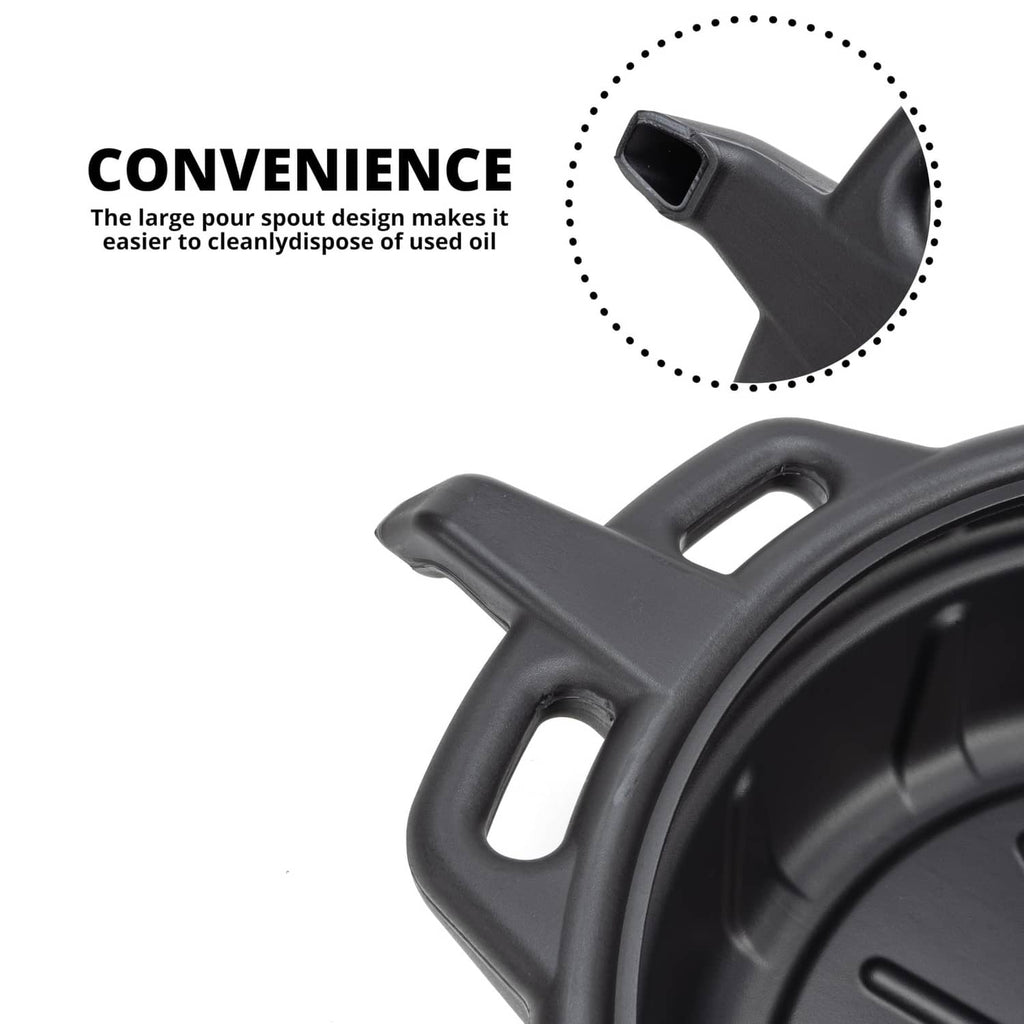 Black drain container with large pour spout and side lifting handle