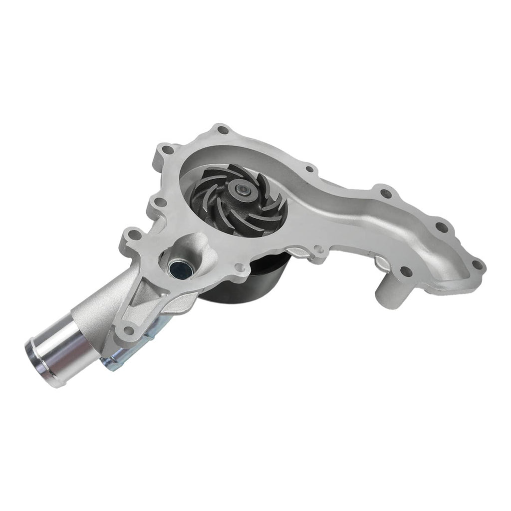Water pump assembly with black impeller area and silver outlet spout, angled view