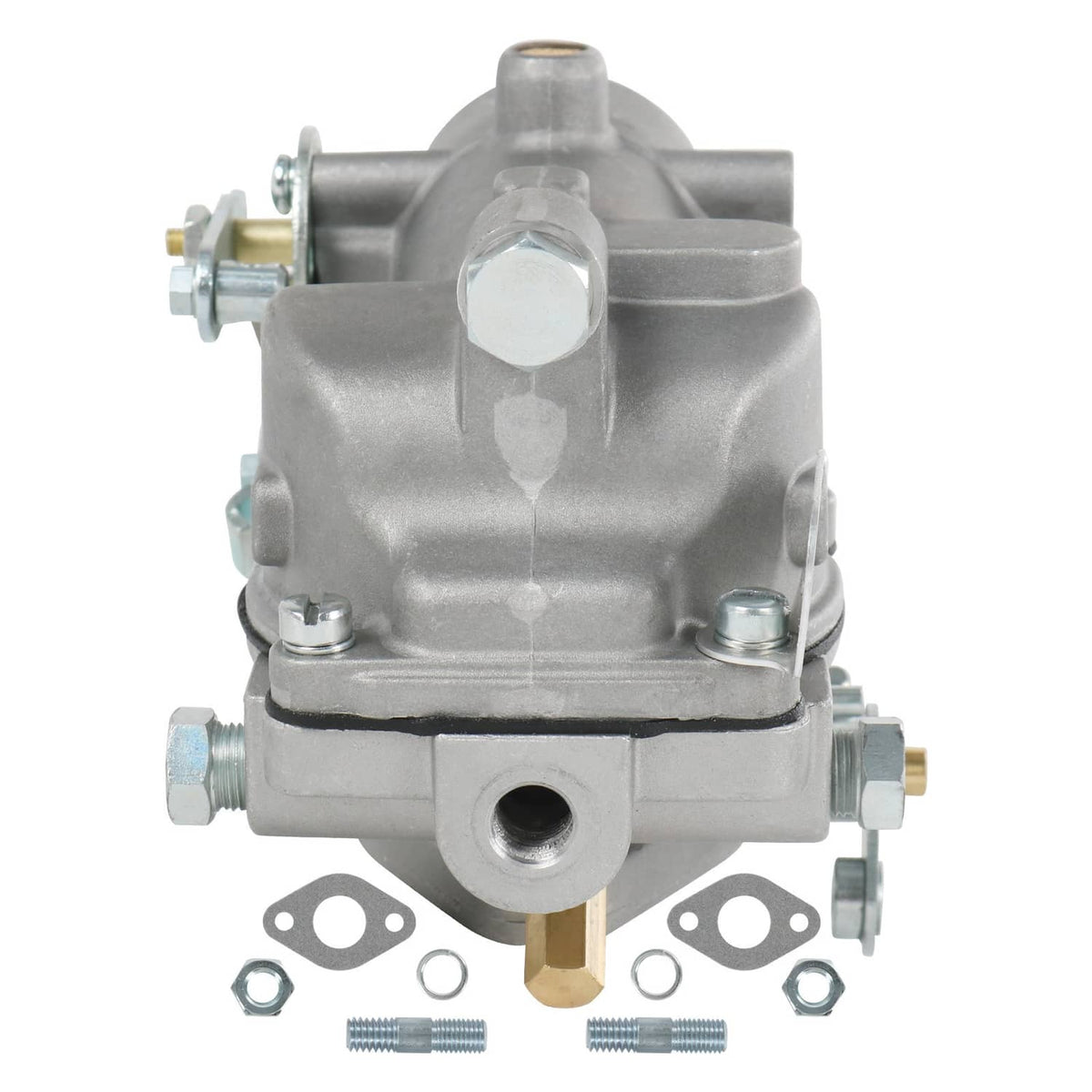 Carburetor with throttle bore, fuel inlet ports, and included small mounting hardware