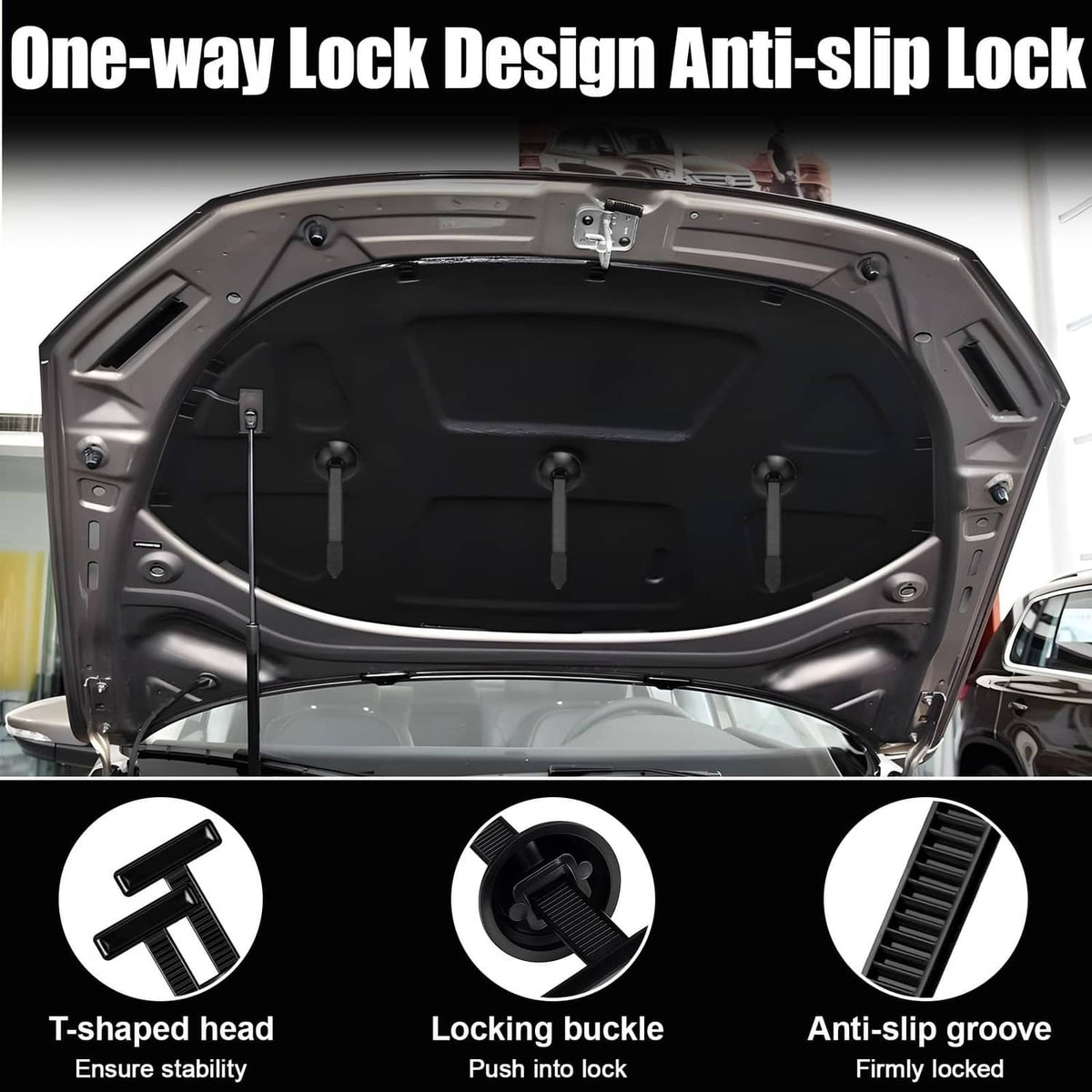 Nylon cable tie buckle set with T-shaped head, locking buckle, and anti-slip groove