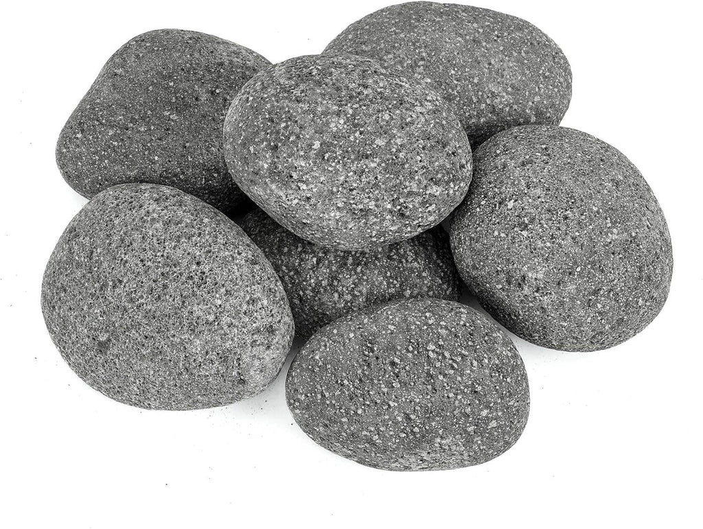 Pile of rounded lava rock pebbles, dark gray-black, tumbled, 3–5 in.
