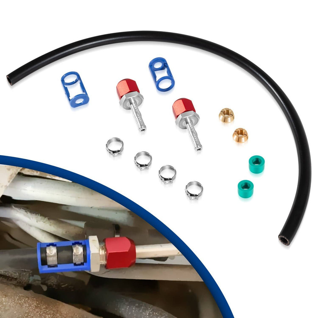 A/C line splice kit components: black hose, blue clips, red fittings, and metal couplers
