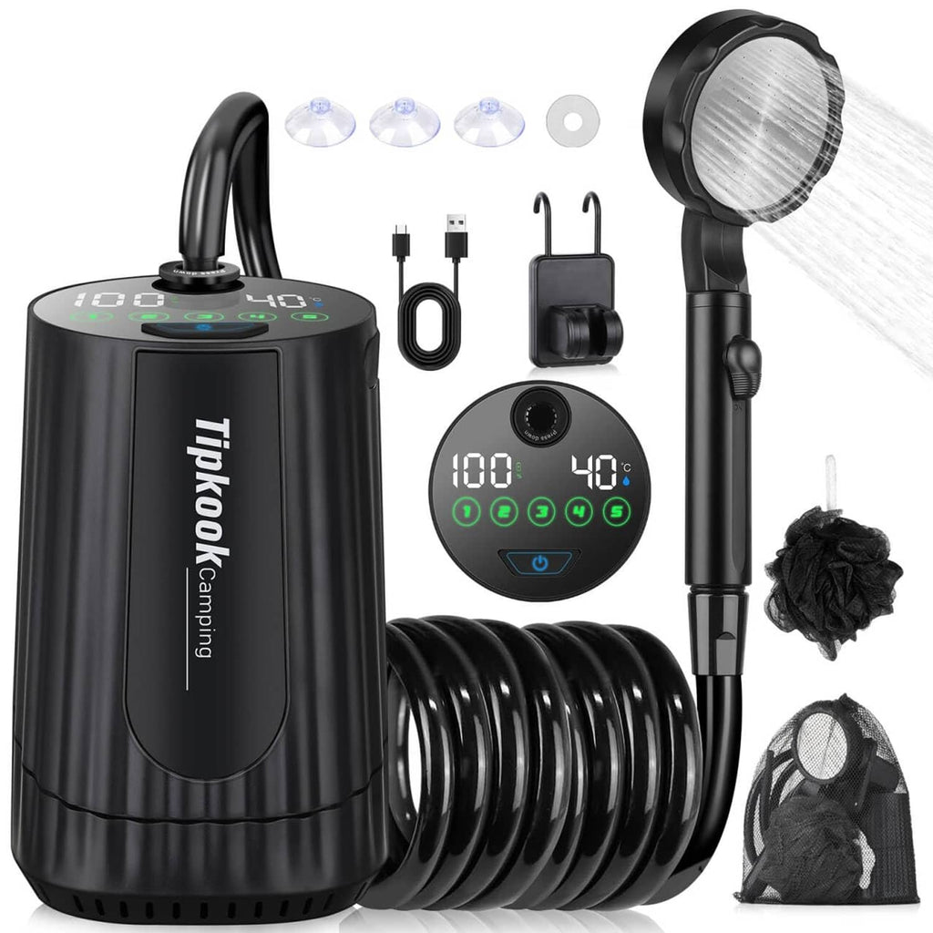 Black rechargeable camping shower kit with pump, coiled hose, shower head, and accessories