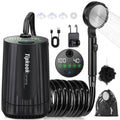 Black rechargeable camping shower kit with pump, coiled hose, shower head, and accessories