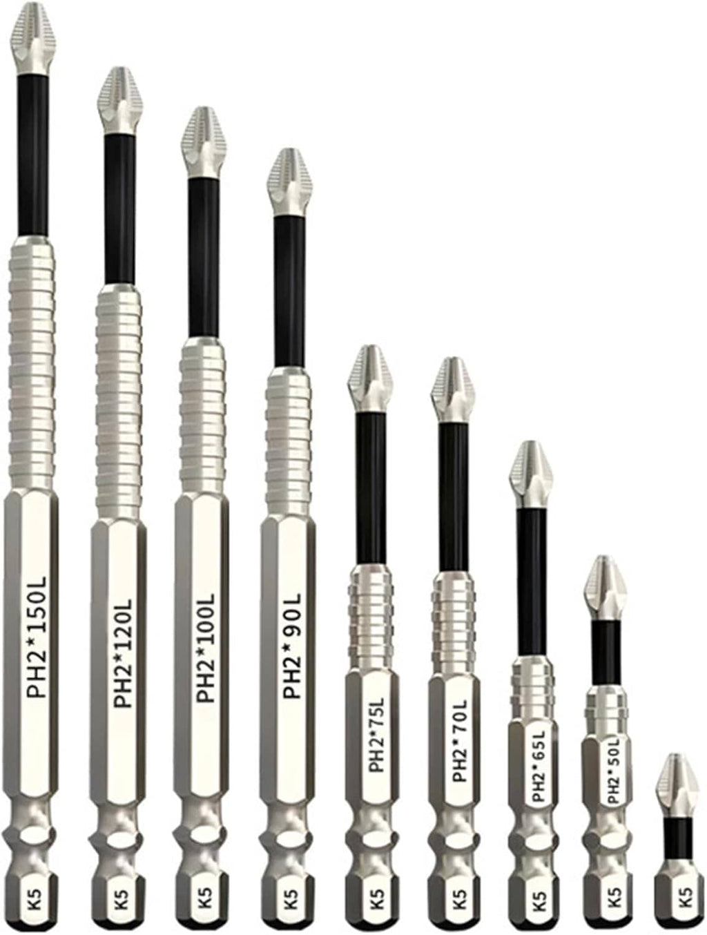 Impact resistant magnetic bit set with black shafts and silver ribbed tips, assorted lengths