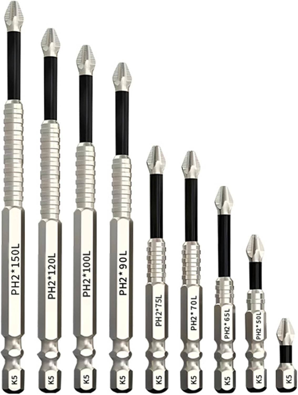 Impact resistant magnetic bit set with black shafts and silver ribbed tips, assorted lengths