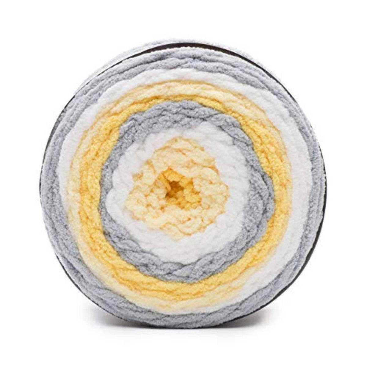 Rolled Bernat Baby Blanket yarn skein with gray, white, and yellow striping
