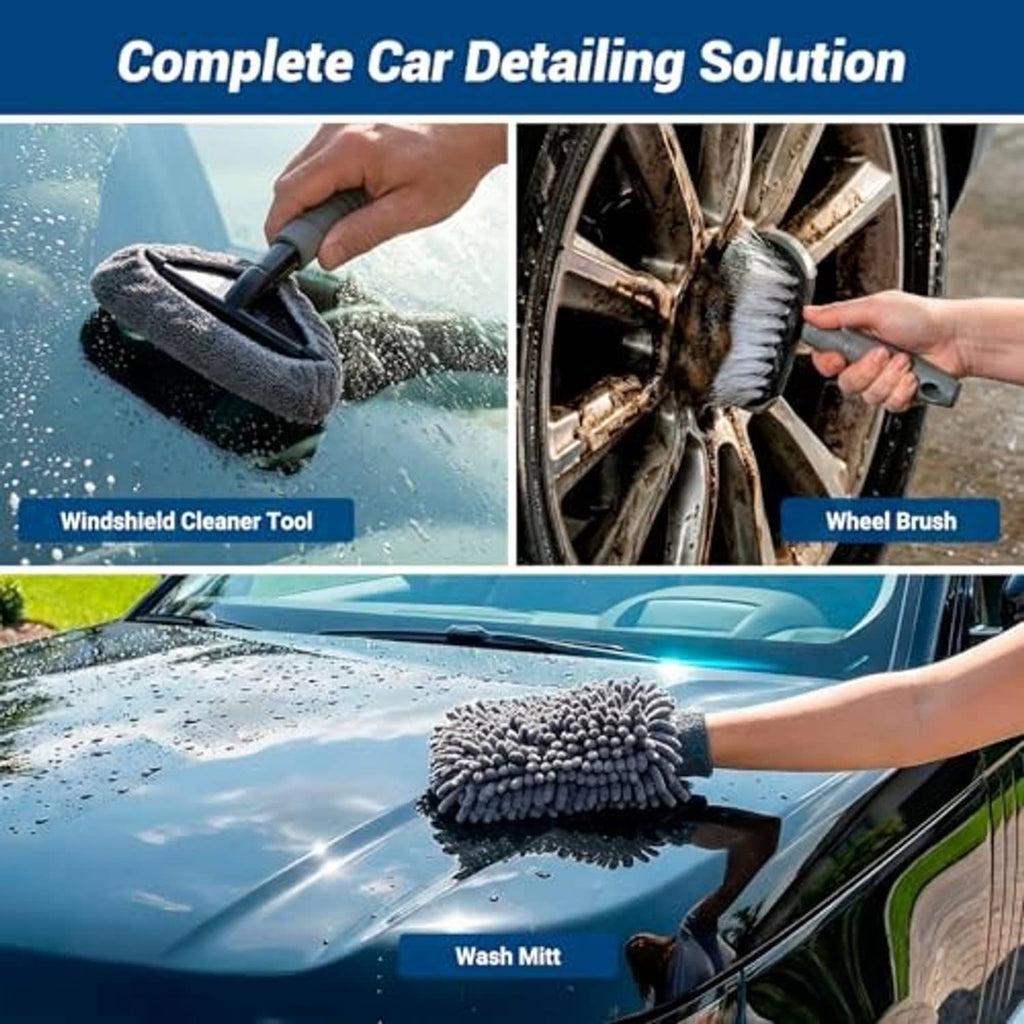 Undercarriage cleaning kit with wheel brush and foam wash mitt on vehicle surface