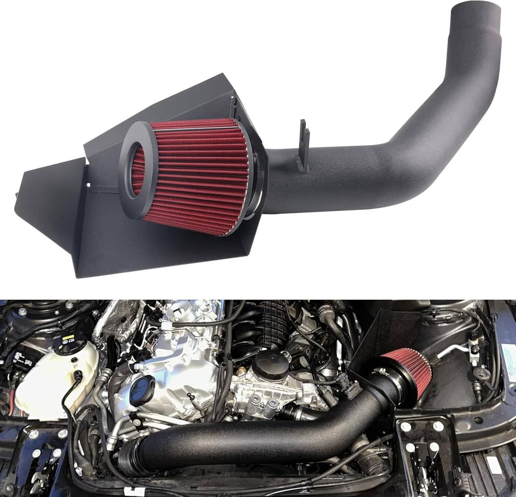 Cold air intake system with red cone air filter and black intake hose assembly