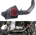 Cold air intake system with red cone air filter and black intake hose assembly
