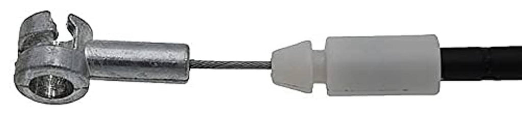Hood release cable end: metal fitting and gray connector on black cable