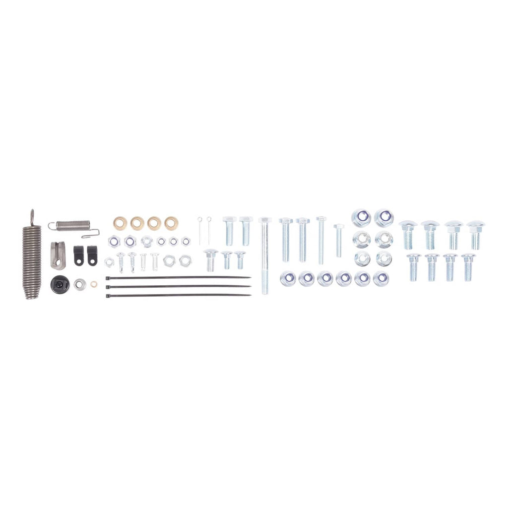 Chute blocker hardware kit with bolts, washers, and metal mounting brackets