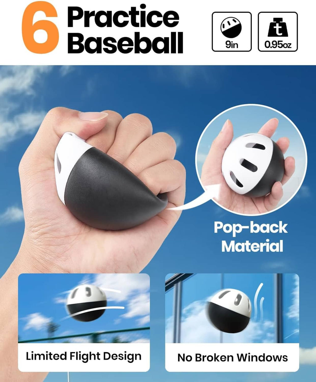 Practice baseballs with pop-back foam material and black plastic bat