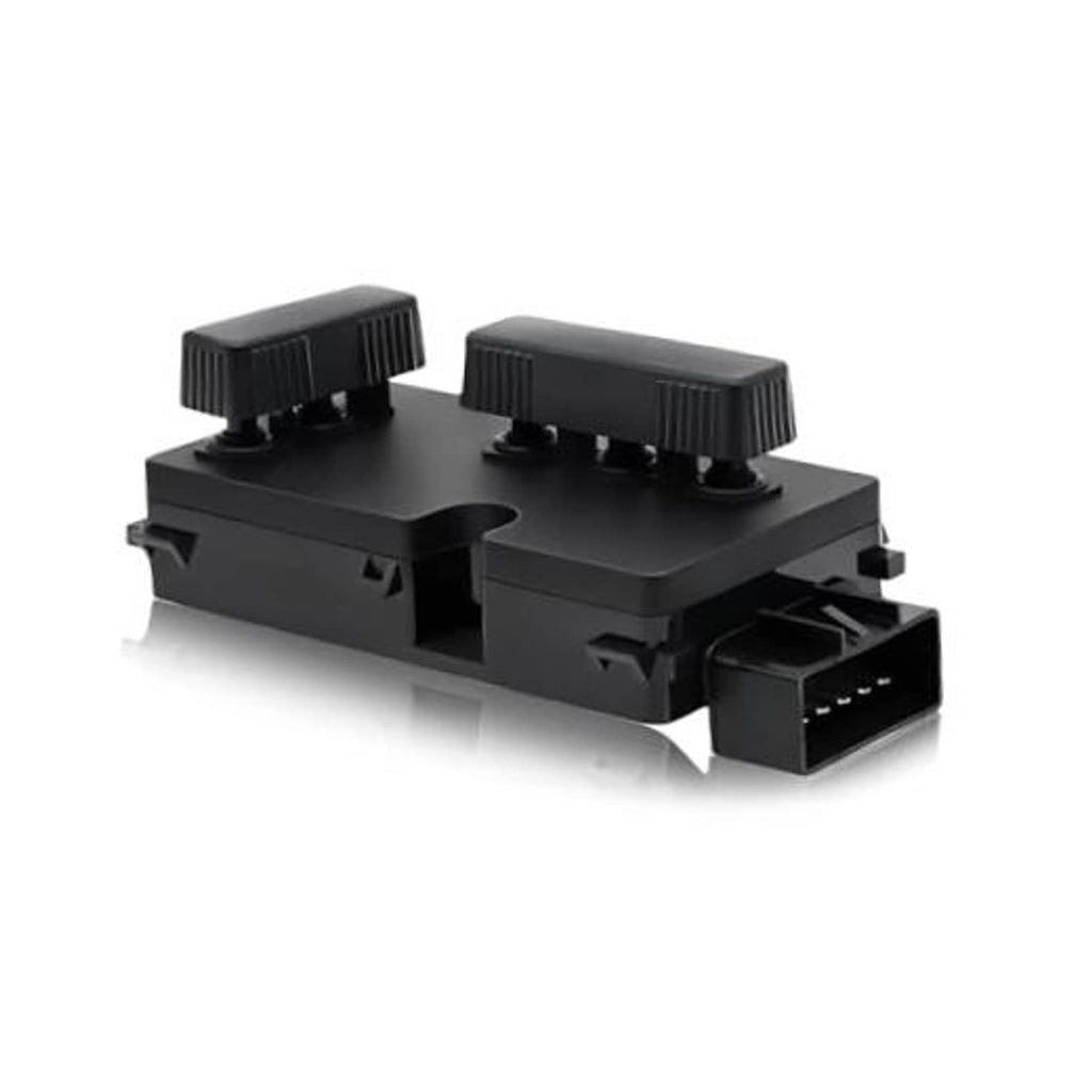 Power seat switch control module with two black rocker knobs and wiring connector
