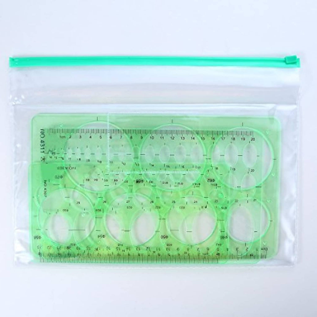 Green circle and oval drawing template inside clear zip bag with measurement scale