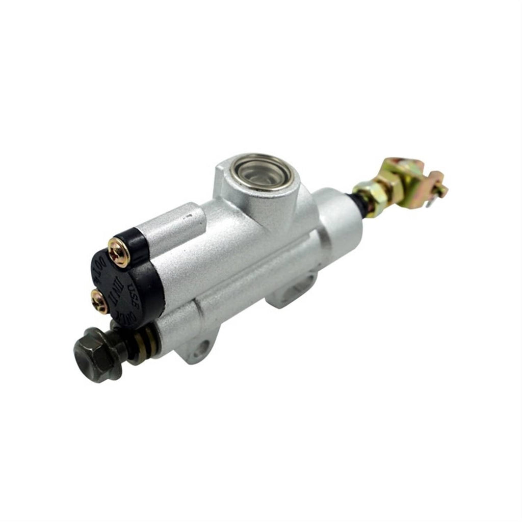 Rear brake master cylinder pump, silver with adjuster lever and brake hose connector