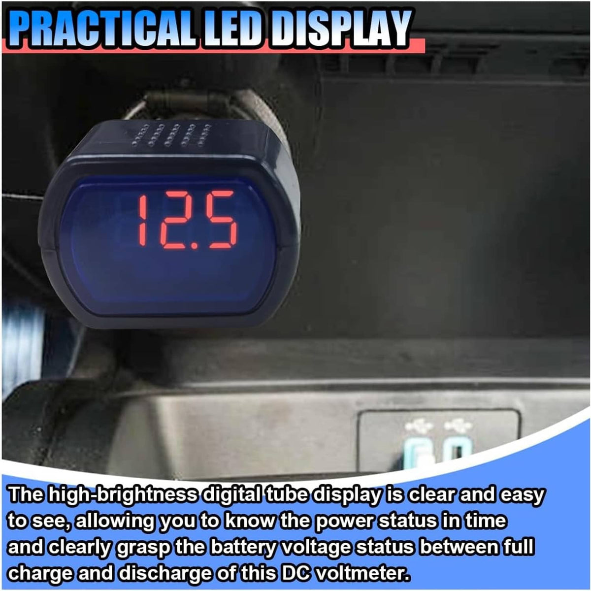 Digital car voltmeter with blue LED display showing 12.5