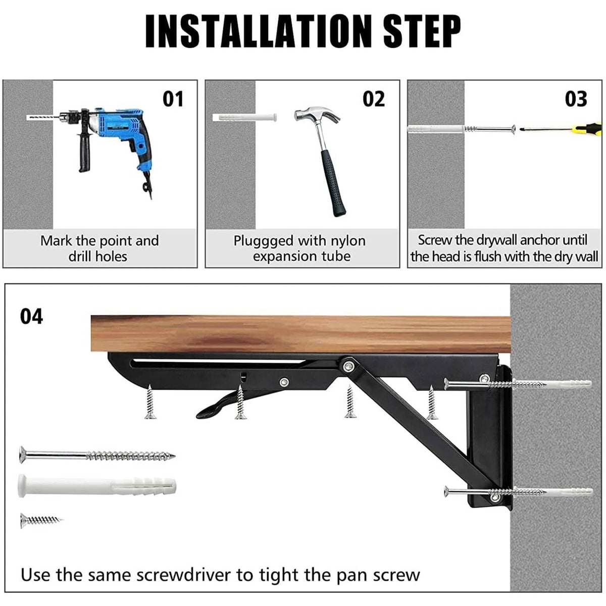 Black folding shelf bracket mounted to wall with included screws and anchor points