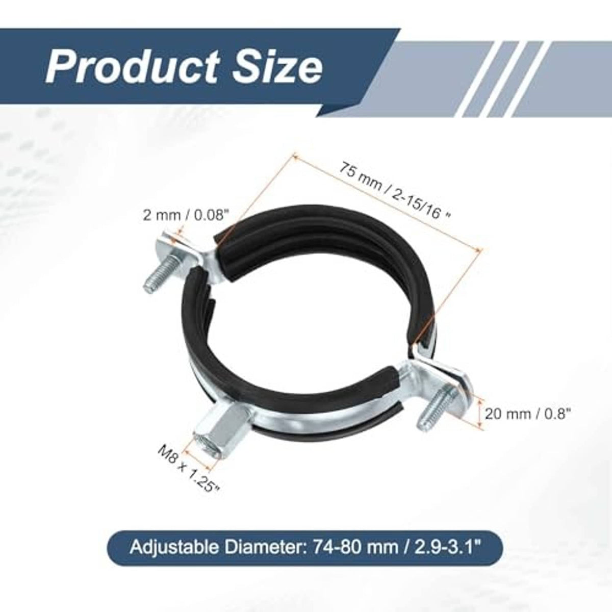 Split ring pipe hanger with adjustable clamp and size measurement callouts