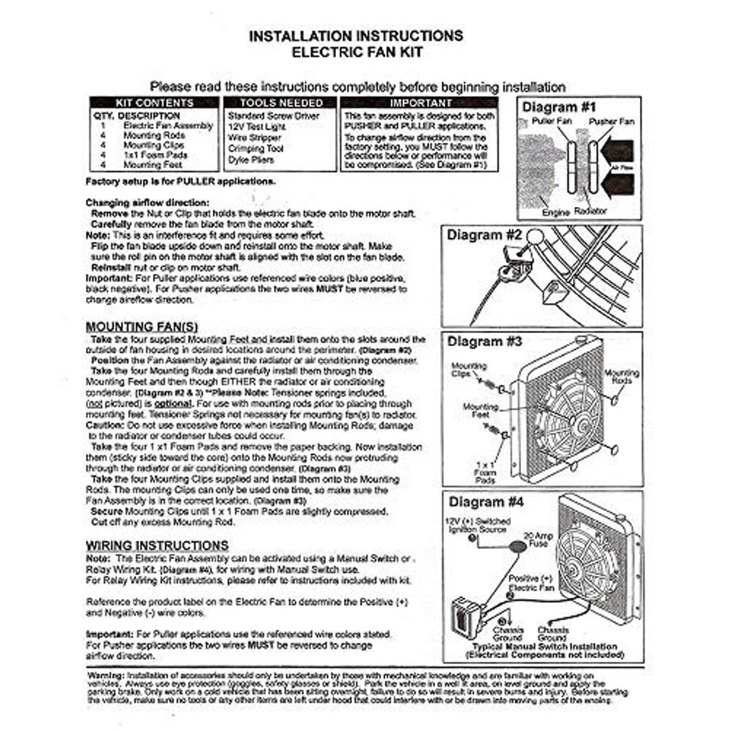 Electric fan kit installation instructions sheet with diagrams