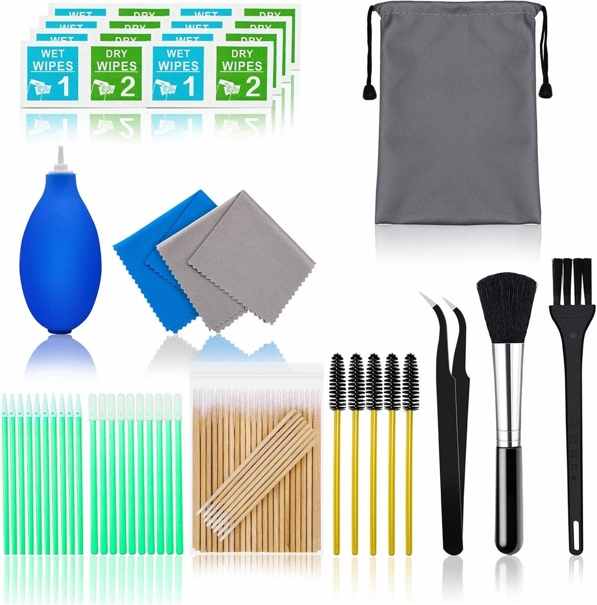 Phone cleaning tool set with gray storage bag, brushes, tweezers, swabs, wipes