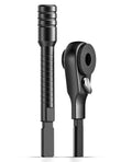 Black flat-end bit extender and ratchet driver set with long hex shank